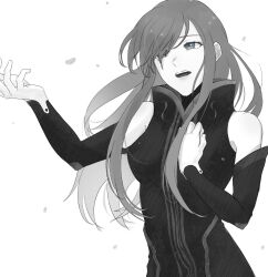 Rule 34 | 1girl, bare shoulders, blue eyes, breasts, commentary, detached sleeves, dress, falling petals, floating hair, gloves, greyscale, hair over one eye, hand on own chest, hand up, high collar, highres, long hair, looking to the side, meba, medium breasts, monochrome, open mouth, petals, sidelocks, sleeveless, sleeveless dress, solo, spot color, sweater, swept bangs, tales of (series), tales of the abyss, tear grants, teeth, turtleneck, turtleneck sweater, upper body, upper teeth only, white background, white gloves