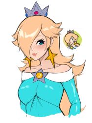 Rule 34 | 1girl, absurdres, bare shoulders, blonde hair, blue dress, blue eyes, brooch, closed mouth, cropped torso, crown, dress, earrings, eyelashes, hair over one eye, highres, jewelry, long bangs, long hair, long sleeves, looking at viewer, mario (series), nintendo, off-shoulder dress, off shoulder, official art inset, rosalina, saiko (saikoart), smile, solo, star (symbol), star brooch, star earrings, super mario 3d world, upper body, white background