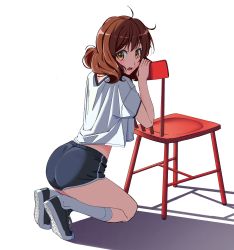 Rule 34 | 1girl, absurdres, artist request, ass, chair, gym uniform, hibike! euphonium, highres, kneeling, midriff peek, oumae kumiko, shorts, simple background, solo, tagme, thighs, white background