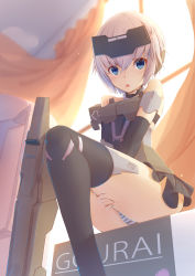 Rule 34 | 10s, 1girl, arms between legs, bare shoulders, black gloves, blonde hair, blue eyes, blush, chestnut mouth, commentary request, elbow gloves, eyes visible through hair, frame arms girl, gloves, gourai, headgear, highres, if (asita), indoors, looking at viewer, mecha musume, mini person, minigirl, open mouth, panties, short hair, sitting, skindentation, skirt, solo, striped clothes, striped panties, tatapopo, thighhighs, underwear, window