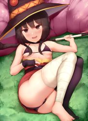 Rule 34 | 1girl, ass, bandaged leg, bandages, bare shoulders, barefoot, belt, black bra, black hair, black panties, black thighhighs, blush, bra, breasts, brown hair, cape, clothes pull, commentary, dress, dress pull, fingerless gloves, gloves, hat, highres, holding, holding staff, kimoshi, kono subarashii sekai ni shukufuku wo!, looking at viewer, megumin, open mouth, panties, red dress, red eyes, short hair, short hair with long locks, single thighhigh, small breasts, smile, solo, staff, thighhighs, underwear, witch hat