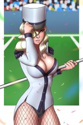 Rule 34 | 1girl, absurdres, blonde hair, blush, breasts, cleavage, diana cavendish, fishnets, hat, highres, large breasts, leotard, little witch academia, majorette, one eye covered, pudgeruffian, smile, solo