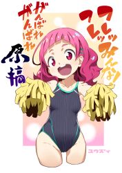 Rule 34 | 10s, 1girl, :d, commentary request, competition swimsuit, eyebrows, hair ornament, hugtto! precure, nono hana, one-piece swimsuit, open mouth, pink eyes, pink hair, pom pom (cheerleading), precure, short hair, smile, solo, striped clothes, striped one-piece swimsuit, swimsuit, teeth, translated, vertical-striped clothes, vertical-striped one-piece swimsuit, x hair ornament, yuuzii
