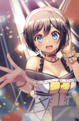 Rule 34 | 1girl, :d, akashi maho, bare shoulders, black hair, black sailor collar, blonde hair, blouse, blue eyes, blush, bracelet, breasts, cleavage, collarbone, commentary request, confetti, cowboy shot, d4dj, frilled straps, frills, gold choker, gold necklace, hair between eyes, hand on headphones, hand up, headphones, highres, jewelry, large breasts, looking at viewer, multicolored hair, multicolored shirt, necklace, open mouth, partial commentary, sailor collar, scrunchie, shindoi akio, shirt, short hair, sidelocks, sleeveless, sleeveless shirt, smile, solo, stage lights, standing, taut clothes, taut shirt, teeth, two-tone shirt, upper teeth only, wrist scrunchie, yellow shirt, zipper pull tab