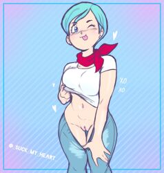 Rule 34 | 1girl, blue hair, breasts, breasts out, bulma, cleft of venus, denim, dragon ball, dragon ball super, flashing, highres, jeans, mature female, medium breasts, no panties, one eye closed, pants, pussy, scarf, short hair, suckmyheart, tongue, tongue out, wink