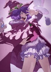 Rule 34 | 1girl, black clover, cape, dorothy unsworth, flower, fur trim, hand on own hip, hat, hat flower, highres, multicolored eyes, one eye closed, open mouth, purple cape, purple hair, short hair, shorts, smile, solo, tdgypm, witch hat