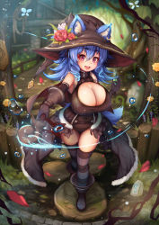 Rule 34 | 1girl, :d, ai gon deroga, animal ear fluff, animal ears, bare shoulders, blue hair, blurry, boots, breasts, bridge, cleavage, cleavage cutout, clothing cutout, commentary request, depth of field, earrings, ears through headwear, flower, forest, fur trim, gloves, hair between eyes, hat, hat flower, house, huge breasts, jewelry, leather, leotard, magic, medium hair, nature, open mouth, original, pink eyes, potion, showgirl skirt, single earring, smile, solo, staff, striped clothes, striped thighhighs, tail, thighhighs, tree, water, witch, witch hat, wolf ears, wolf tail