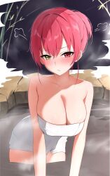 Rule 34 | 1girl, :t, bamboo, bare shoulders, bathing, blush, breasts, cleavage, collarbone, hair bun, heterochromia, highres, hololive, houshou marine, large breasts, leaning forward, looking at viewer, naked towel, nenight, onsen, pout, puff of air, red eyes, red hair, solo, steam, towel, v-shaped eyebrows, virtual youtuber, wading, water, wet, yellow eyes