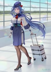 Rule 34 | 1girl, aircraft, airplane, airport, alternate costume, black footwear, blue skirt, blue sky, brown pantyhose, clorinde (genshin impact), cloud, commentary request, day, full body, genshin impact, gloves, hair between eyes, hat, high heels, indoors, long hair, long sleeves, looking at viewer, natsume koji, paimon (genshin impact), pantyhose, purple eyes, purple hair, purple hat, rolling suitcase, shirt, skirt, sky, solo, standing, suitcase, very long hair, white gloves, white shirt