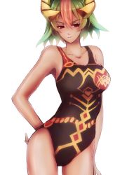 Rule 34 | 1girl, adapted costume, backlighting, breasts, cleavage, competition swimsuit, cowboy shot, dark-skinned female, dark skin, eyelashes, fire emblem, fire emblem heroes, green hair, half-closed eyes, hand on own hip, laegjarn (fire emblem), multicolored hair, nintendo, oka (umanihiki), one-piece swimsuit, parted bangs, red eyes, short hair, simple background, solo, swimsuit, v-shaped eyebrows, white background
