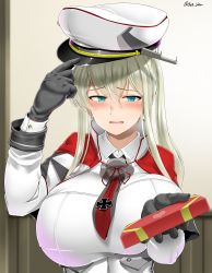 Rule 34 | 1girl, black gloves, blonde hair, blush, box, breasts, capelet, celtic knot, cross, gift, gift box, gloves, graf zeppelin (kancolle), hair between eyes, hat, heart, highres, holding, holding gift, indoors, iron cross, kantai collection, large breasts, long hair, long sleeves, military, military hat, military uniform, necktie, open mouth, peaked cap, saizu nitou gunsou, sidelocks, solo, twintails, twitter username, uniform, valentine