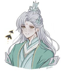 Rule 34 | 1boy, blue kimono, brown eyes, commentary, cropped torso, facial mark, forehead mark, grey hair, highres, japanese clothes, kimono, long hair, male focus, nirvelia, parted lips, signature, simple background, solo, tears of themis, upper body, vyn richter (tears of themis), white background