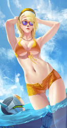 Rule 34 | 1boy, 1girl, absurdres, armpits, arms behind head, arms up, bikini, bikini top only, blue eyes, blue sky, breasts, cleavage, cloud, cloudy sky, colomar, genji (overwatch), glasses, grin, highres, lips, lipstick, long hair, looking at viewer, makeup, mercy (overwatch), outdoors, overwatch, overwatch 1, partially submerged, partially underwater shot, shorts, sky, smile, standing, swimming, swimsuit, teeth, underwater, wading, water, yellow bikini, yellow shorts
