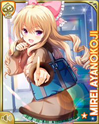 Rule 34 | 1girl, ayanokoji mirei, bag, blonde hair, blouse, blue jacket, bow, brown coat, card, character name, coat, curly hair, day, drill hair, fur-trimmed jacket, fur trim, girlfriend (kari), green bow, green skirt, hair ornament, hallway, indoors, jacket, long hair, official art, open mouth, ouju, pink bow, plaid, plaid skirt, purple eyes, qp:flapper, ringlets, shirt, shoes, skirt, smile, solo, standing, tagme, very long hair, white legwear, white shirt, winter clothes, winter coat