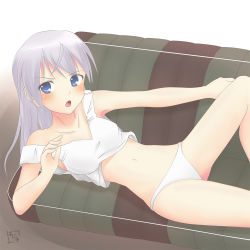 Rule 34 | 00s, 1girl, blue eyes, blush, couch, eila ilmatar juutilainen, female focus, hanyu, lingerie, lying, navel, off shoulder, on back, open mouth, panties, purple hair, signature, solo, strike witches, underwear, world witches series