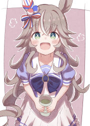 Rule 34 | 1girl, :d, animal ears, blue bow, blue shirt, blush, bow, breasts, brown hair, collarbone, commentary request, cup, green eyes, grey hair, hair between eyes, hair ornament, highres, holding, holding cup, horse ears, horse girl, horse tail, long hair, looking at viewer, medium breasts, multicolored hair, open mouth, pink background, pleated skirt, puffy short sleeves, puffy sleeves, school uniform, shirt, short eyebrows, short sleeves, skirt, smile, solo, streaked hair, sunanuko (ramuneko), tail, tea, teacup, thick eyebrows, tracen school uniform, two-tone background, umamusume, very long hair, white background, white skirt, wonder acute (umamusume), yunomi