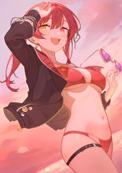 Rule 34 | 1girl, badge, bikini, black jacket, blush, breasts, button badge, commentary request, cowboy shot, dutch angle, earrings, evening, hand on own head, heart, heart-shaped eyewear, heart earrings, heterochromia, highres, holding, holding removed eyewear, hololive, houshou marine, houshou marine (summer), jacket, jewelry, long hair, long sleeves, looking at viewer, medium breasts, navel, o-ring, o-ring thigh strap, open clothes, open jacket, outdoors, pink-tinted eyewear, red bikini, red eyes, red hair, red sky, ruien (wu jui-en), sky, solo, stomach, sunglasses, sunset, swimsuit, teeth, thigh strap, tinted eyewear, twintails, underboob, unworn eyewear, unzipped, upper teeth only, virtual youtuber, yellow eyes, zipper pull tab