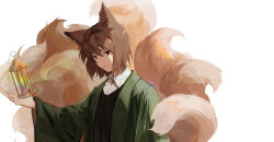 Rule 34 | 1boy, absurdres, animal ears, black vest, brown hair, chinese commentary, closed mouth, collared shirt, commentary request, fox boy, fox ears, fox tail, green jacket, harada mutei, highres, jacket, kemonomimi mode, kitsune, kyuubi, lizi hua guaishou, long sleeves, male focus, multiple tails, open clothes, open jacket, rainbow gradient, red eyes, saibou shinkyoku, shirt, short hair, simple background, tail, upper body, vest, white background, white shirt, wide sleeves