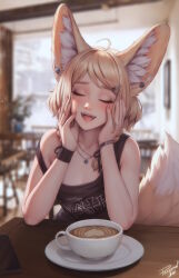 Rule 34 | 1girl, ahoge, animal ear piercing, animal ears, black tank top, blonde hair, bracelet, braid, cafe, closed eyes, cup, fangs, flat chest, fox ears, fox girl, fox tail, hair ornament, hairclip, hands on own cheeks, hands on own face, highres, indoors, jewelry, khiara (personal ami), large ears, medium hair, necklace, open mouth, original, personal ami, signature, solo, strap slip, tail, tank top, upper body