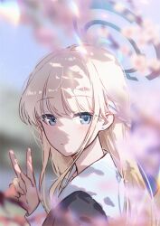 Rule 34 | 1girl, alternate costume, black shirt, blonde hair, blue archive, blue eyes, blue hair, blue halo, blunt bangs, blurry, blurry foreground, blush, braid, cherry blossoms, commentary, dot nose, earrings, english commentary, expressionless, french braid, from side, halo, hand up, jewelry, long hair, looking at viewer, mechanical halo, multicolored hair, picter, portrait, raised eyebrows, sailor collar, school uniform, shirt, sidelocks, solo, streaked hair, stud earrings, toki (blue archive), v, white sailor collar