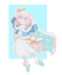 Rule 34 | 1boy, blue cape, blue eyes, blue footwear, blush, cape, closed mouth, crown, fate/grand order, fate (series), full body, fur-trimmed cape, fur trim, grey hair, highres, holding, holding crown, looking at viewer, male focus, medium hair, oberon (fate), oneroom-disco, pantyhose, robe, smile, solo, white pantyhose, white robe