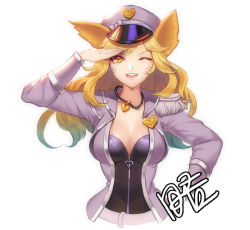 Rule 34 | 1girl, ;d, ahri (league of legends), alternate costume, alternate hair color, animal ears, belt, blonde hair, bow, breasts, cleavage, cosplay, dakun, facial mark, fox ears, girls&#039; generation, gradient hair, hand on own hip, hand up, hat, hat bow, heart, heart necklace, jacket, jewelry, large breasts, league of legends, long hair, multicolored hair, necklace, one eye closed, open clothes, open jacket, open mouth, peaked cap, popstar ahri, salute, signature, simple background, slit pupils, smile, solo, uniform, upper body, very long hair, wavy hair, whisker markings, white background, wink, yellow eyes, zipper