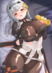 Rule 34 | 1girl, armor, armored boots, bandaged head, bandages, bed, bed sheet, black gloves, bluekalmia, bodysuit, boots, breasts, cleavage, commentary, covering nipples, covering privates, fingerless gloves, gloves, goddess of victory: nikke, grey hair, hair ribbon, hairband, highres, large breasts, lips, long hair, looking at viewer, lying, mecha musume, modernia (nikke), nipples, on back, red eyes, ribbon, see-through, see-through cleavage, sex toy, shoulder armor, skin tight, solo, torn bodysuit, torn clothes, white hairband, yellow ribbon