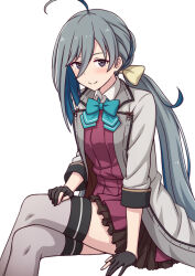 Rule 34 | 1girl, ahoge, aqua bow, aqua bowtie, black gloves, bow, bowtie, coat, crossed legs, dress, feet out of frame, gloves, grey coat, grey eyes, grey hair, grey thighhighs, hair between eyes, hair bun, kantai collection, kiyoshimo (kancolle), low twintails, nakamura sumikage, partially fingerless gloves, pleated dress, purple dress, simple background, single hair bun, sitting, solo, thighhighs, twintails, white background