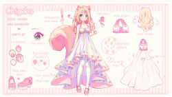Rule 34 | 1girl, :3, animal ears, arm at side, arrow (symbol), artist name, bare arms, bare shoulders, blonde hair, blush, borrowed character, braid, closed mouth, clothing cutout, collarbone, commission, dress, english text, food-themed hair ornament, food print, frilled dress, frills, full body, green eyes, hair ornament, hairclip, heart, highres, hyanna-natsu, long hair, looking at viewer, mary janes, multicolored hair, original, pantyhose, pink footwear, pink hair, shoes, side braid, sleeveless, sleeveless dress, smile, solo, squirrel ears, squirrel tail, standing, strawberry print, tail, tail through clothes, two-tone hair, wavy hair, white dress, white pantyhose