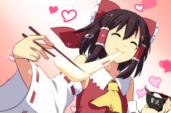 Rule 34 | 1girl, ascot, blush, bow, bowl, brown hair, chopsticks, closed eyes, closed mouth, collarbone, commentary request, detached sleeves, eating, eyebrows, food, foodgasm, gradient background, hair between eyes, hair bow, hair tubes, hakurei reimu, happy, happy tears, heart, holding, holding bowl, holding chopsticks, leon (mikiri hassha), long sleeves, multicolored background, nontraditional miko, red bow, revision, ribbon-trimmed sleeves, ribbon trim, shiruko (food), sidelocks, solo, sparkle, tears, tofu, touhou, two-tone background, upper body, wide sleeves