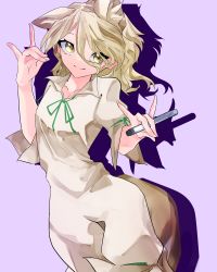 Rule 34 | 1girl, animal ears, blonde hair, breasts, closed mouth, commentary request, corked bottle, cowboy shot, drop shadow, fox ears, fox girl, fox shadow puppet, fox tail, green ribbon, hair between eyes, highres, holding, kudamaki tsukasa, looking at viewer, medium hair, neck ribbon, purple background, ribbon, romper, short sleeves, small breasts, smile, solo, tail, test tube, touhou, vivo (vivo sun 0222), yellow eyes