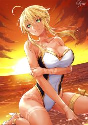 Rule 34 | 1girl, ahoge, artoria pendragon (fate), artoria pendragon (lancer) (fate), bare shoulders, beach, bikini tan, braid, breasts, cleavage, closed mouth, commentary request, covered navel, eyelashes, fate/grand order, fate (series), french braid, green eyes, hair between eyes, high heels, highres, hip focus, horizon, large breasts, long hair, looking at viewer, nail polish, ocean, one-piece swimsuit, sakiyamama, sandals, sidelocks, sitting, smile, solo, sunlight, swept bangs, swimsuit, tan, tanline, thigh strap, thighs, two-tone swimsuit, wariza, white one-piece swimsuit