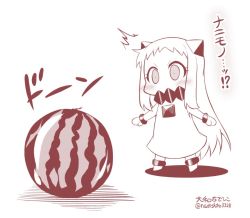 Rule 34 | 10s, 1girl, abyssal ship, blush, commentary request, cuffs, dress, food, fruit, horns, kantai collection, long hair, monochrome, northern ocean princess, shackles, solo, surprised, translation request, very long hair, watermelon, yamato nadeshiko