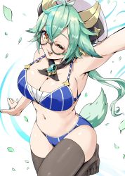 Rule 34 | 1girl, ahoge, arm up, armpits, bikini, black thighhighs, blue bikini, blush, breasts, cleavage, crossed bangs, from above, genshin impact, highres, kntrs (knyrs), large breasts, large ribbon, leaf, long hair, looking at another, navel, one eye closed, petals, semi-rimless eyewear, skindentation, smile, solo, sucrose (genshin impact), swimsuit, tail, thighhighs, under-rim eyewear, white background