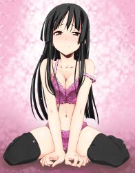 Rule 34 | 1girl, akiyama mio, bare shoulders, black hair, black thighhighs, blush, bow, bow bra, bra, breasts, brown eyes, cleavage, colorized, highres, hime cut, himura kiseki, k-on!, lace, lingerie, long hair, medium breasts, nose blush, panties, pink bra, pink panties, sitting, solo, stomach, strap slip, tears, thighhighs, underwear, underwear only, v arms, wariza