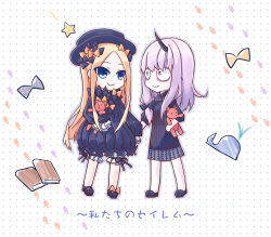 Rule 34 | 2girls, abigail williams (fate), bags under eyes, black bow, black dress, black footwear, black hat, blonde hair, bloomers, blue eyes, book, bow, bug, butterfly, chibi, closed mouth, commentary request, dress, eye contact, fate/grand order, fate (series), footprints, hair bow, hands in opposite sleeves, hat, hidari yuuko, holding hands, horns, hugging object, insect, lavinia whateley (fate), long hair, long sleeves, looking at another, looking at viewer, mary janes, multiple girls, orange bow, parted bangs, polka dot, polka dot background, polka dot bow, purple eyes, shoes, single horn, smile, standing, star (symbol), stuffed animal, stuffed toy, teddy bear, underwear, very long hair, whale, white background, white bloomers, wide-eyed