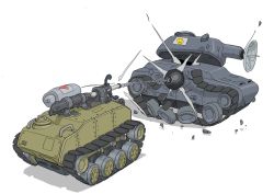 Rule 34 | armored vehicle, attack, caterpillar tracks, commentary request, debris, from behind, from side, gatling santouhei, highres, mace, military, military vehicle, motor vehicle, no humans, original, shadow, simple background, sketch, tank, vehicle focus, weapon, white background