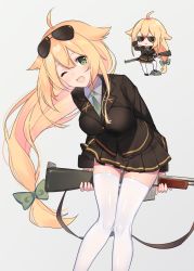 Rule 34 | 1girl, ;d, adjusting eyewear, ahoge, automatic rifle, black jacket, black skirt, blazer, blonde hair, bow, breasts, buttons, chibi, closed eyes, collared shirt, commentary request, cona kinaco, eyewear on head, feet out of frame, girls&#039; frontline, green bow, green eyes, grey background, gun, hair bow, hair flaps, hair ornament, hand on eyewear, hand up, highres, holding, holding gun, holding weapon, jacket, large breasts, leaning forward, light machine gun, long hair, looking at viewer, low-tied long hair, m1918 (girls&#039; frontline), m1918 bar, machine gun, miniskirt, multiple views, name connection, necktie, object namesake, one eye closed, open mouth, pleated skirt, rock, school uniform, shirt, sidelocks, simple background, skirt, smile, sparkle, squad automatic weapon, standing, strap, sunglasses, thighhighs, very long hair, weapon, white shirt, white thighhighs, wing collar, zettai ryouiki