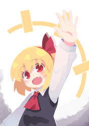 Rule 34 | 1girl, black dress, blonde hair, blush, bow, collared shirt, commentary request, dress, fang, hair bow, happy, kibisake, long sleeves, open mouth, pinafore dress, red bow, red eyes, rumia, shirt, short hair, skin fang, sleeveless dress, touhou, upper body, white shirt