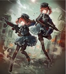 Rule 34 | 2girls, aqua eyes, bullet, commentary, gloves, goggles, goggles on headwear, gun, hat, holding, holding gun, holding weapon, knee pads, light machine gun, m249, machine gun, military, military hat, military uniform, multiple girls, one eye closed, orange eyes, original, pantyhose, rifle, salute, senano-yu, siblings, side ponytail, sisters, sniper rifle, twins, twintails, uniform, weapon