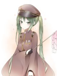 Rule 34 | 1girl, bad id, bad twitter id, badge, brown dress, brown hat, cherry blossoms, commentary, dress, epaulettes, flower, flower neckwear, giryu, gloves, gohei, green eyes, green hair, hair between eyes, hat, hatsune miku, highres, holding, long hair, looking at viewer, military hat, oonusa, senbon-zakura (vocaloid), simple background, smile, solo, symbol-only commentary, twintails, upper body, very long hair, vocaloid, white background, wide sleeves