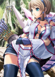 Rule 34 | 1girl, :d, bare shoulders, black thighhighs, blue eyes, bow (weapon), breasts, brown hair, bug, butterfly, capcom, center opening, cleavage, crop top, detached sleeves, elbow gloves, equis (armor), feathers, gloves, hair ornament, hair tubes, insect, leaning, loincloth, looking away, midriff, miniskirt, monster hunter, monster hunter (series), monster hunter frontier, nature, navel, no bra, open mouth, outdoors, quiver, revision, shadow, shawl, short hair, side slit, skirt, smile, solo, thighhighs, v-mag, weapon, zettai ryouiki