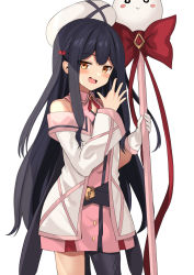 Rule 34 | 1girl, :&gt;, bare shoulders, belt, black hair, black thighhighs, blush, blush stickers, bow, brown eyes, character request, cleavage cutout, clothing cutout, collarbone, copyright request, dress, earrings, eyes visible through hair, gem, gloves, highres, holding, holding staff, jewelry, large bow, long hair, mahcdai, open hand, open mouth, pink dress, red bow, simple background, single glove, single thighhigh, smile, solo, staff, thighhighs, tongue, twintails, white background, white gloves, white headwear, wide sleeves