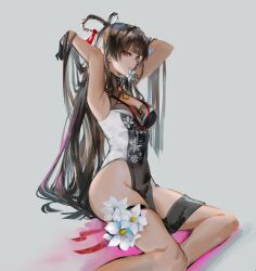 Rule 34 | arms up, black gloves, braid, braided hair rings, breast cutout, breasts, brown hair, china dress, chinese clothes, cleavage, dress, feet out of frame, flower, flower on mouth, gloves, goddess of victory: nikke, grey background, hair rings, half gloves, highleg, highleg dress, highres, holding, holding hair, long hair, looking at viewer, medium breasts, otimusyairoha, red eyes, simple background, sitting, thigh strap, twin braids, very long hair, yan (nikke), yokozuwari