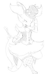 Rule 34 | 1girl, adjusting clothes, adjusting headwear, animal ear fluff, animal ears, animal feet, animal hands, animal nose, blush, body fur, bow, braixen, breasts, buttons, closed mouth, clothed pokemon, coat, coattails, creatures (company), detached sleeves, female focus, fishnet thighhighs, fishnets, fox ears, fox girl, fox tail, full body, furry, furry female, game freak, gen 6 pokemon, greyscale, hand up, happy, hat, hat bow, kajiura, looking at viewer, looking to the side, monochrome, nintendo, open clothes, open coat, pokemon, pokemon (creature), shirt, simple background, sketch, small breasts, smile, snout, solo, standing, standing on one leg, stick, tail, thighhighs, top hat, white background, wrist cuffs