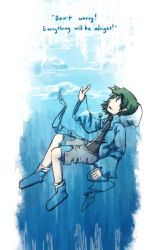 Rule 34 | androgynous, blue coat, bubble, coat, english text, gender request, green eyes, green hair, hood, hooded jacket, hoodie, jacket, len&#039;en, matching hair/eyes, necktie, shitodo aoji, short hair, shorts, sinking, solo, torn clothes, underwater, water, yamanoskk
