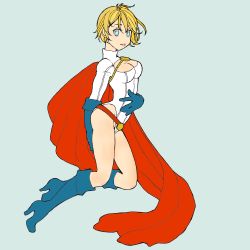 Rule 34 | 1girl, alien, blonde hair, blue eyes, blue footwear, blue gloves, boots, breasts, cape, cleavage cutout, clothing cutout, dc comics, flying, gloves, high heel boots, high heels, highres, kryptonian, leotard, long sleeves, matsutakedo, power girl, red cape, shoes, short hair, solo