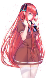 Rule 34 | 1girl, black bow, black sailor collar, blue eyes, blunt bangs, blush, bow, brown dress, closed mouth, dress, earrings, go-toubun no hanayome, highres, holding, holding own hair, jewelry, long hair, looking at viewer, muka tsuku, nakano nino, petals, puffy short sleeves, puffy sleeves, red hair, sailor collar, school uniform, short sleeves, simple background, skindentation, solo, stud earrings, thighhighs, two side up, very long hair, white background, white thighhighs, zettai ryouiki