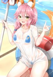 Rule 34 | 1girl, animal ear fluff, animal ears, bikini, blue bikini, blush, breasts, cleavage, collarbone, fate (series), fox ears, fox tail, holding, holding umbrella, innertube, large breasts, long hair, looking at viewer, moyoron, navel, open mouth, pink hair, see-through, seiza, shirt, sitting, smile, solo, swim ring, swimsuit, tail, tamamo (fate), tamamo no mae (fate/extra), tamamo no mae (swimsuit lancer) (fate), tamamo no mae (swimsuit lancer) (second ascension) (fate), umbrella, wet, wet clothes, wet shirt, yellow eyes