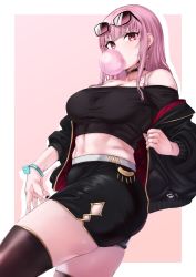 Rule 34 | 1girl, bare shoulders, black jacket, black nails, black shirt, black skirt, black thighhighs, bracelet, breasts, blowing bubbles, casual, chewing gum, choker, cleavage, collarbone, earrings, eyewear on head, highres, hololive, hololive english, jacket, jewelry, large breasts, medium hair, midriff, moisture (chichi), mori calliope, nail polish, navel, off shoulder, pink hair, red eyes, shirt, skirt, solo, sunglasses, sunglasses on head, taut clothes, taut shirt, thighhighs, thighs, toned, virtual youtuber